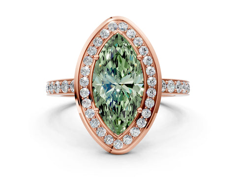 Rose gold Fancy Green Marquise Cut Diamond Halo Ring with Bezel Frame and Pavé Band