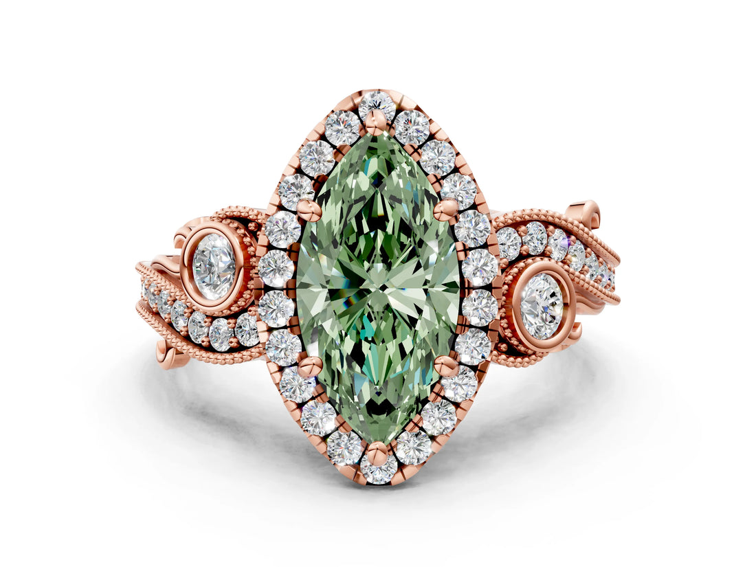 Rose gold Fancy Green Marquise Cut Diamond Halo Ring with Milgrain Pavé Band and Four-Prong Setting_72