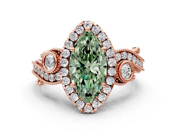 Rose gold Fancy Green Marquise Cut Diamond Halo Ring with Milgrain Pavé Band and Four-Prong Setting