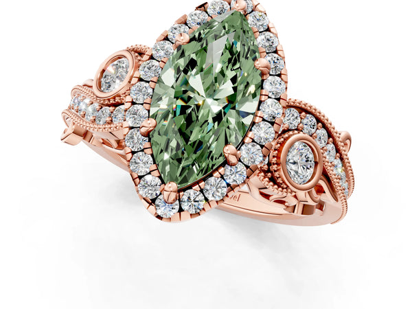 Rose gold Fancy Green Marquise Cut Diamond Halo Ring with Milgrain Pavé Band and Four-Prong Setting