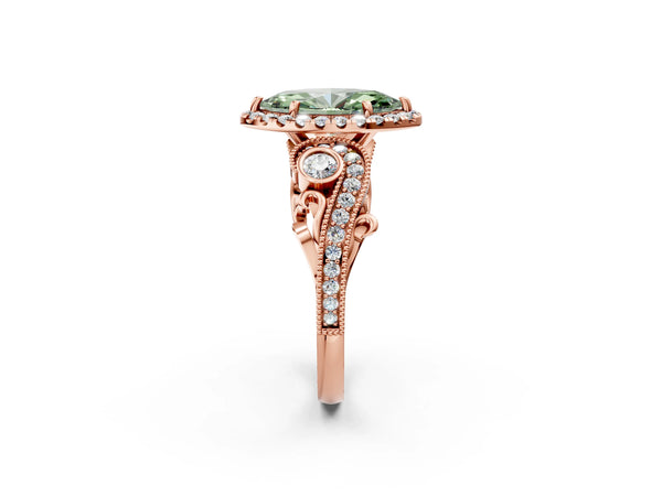 Rose gold Fancy Green Marquise Cut Diamond Halo Ring with Milgrain Pavé Band and Four-Prong Setting