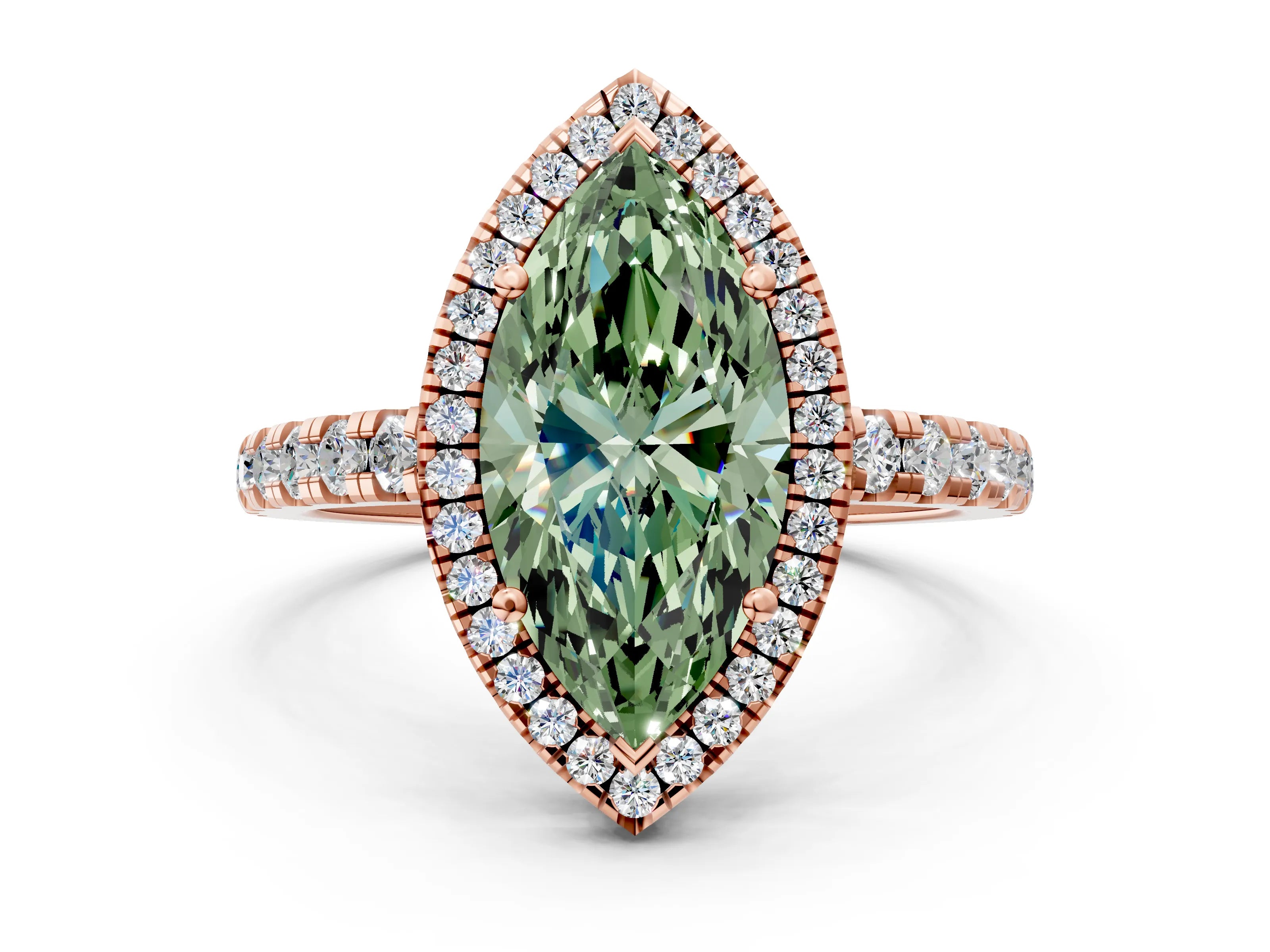 Rose gold Fancy Green Marquise Cut Diamond Halo Ring with Pavé Band and Four-Prong Setting