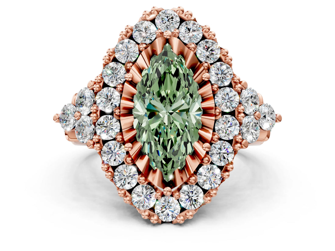 Rose gold Fancy Green Marquise Cut Diamond Halo Ring with Pavé Band and Four-Prong Setting_41