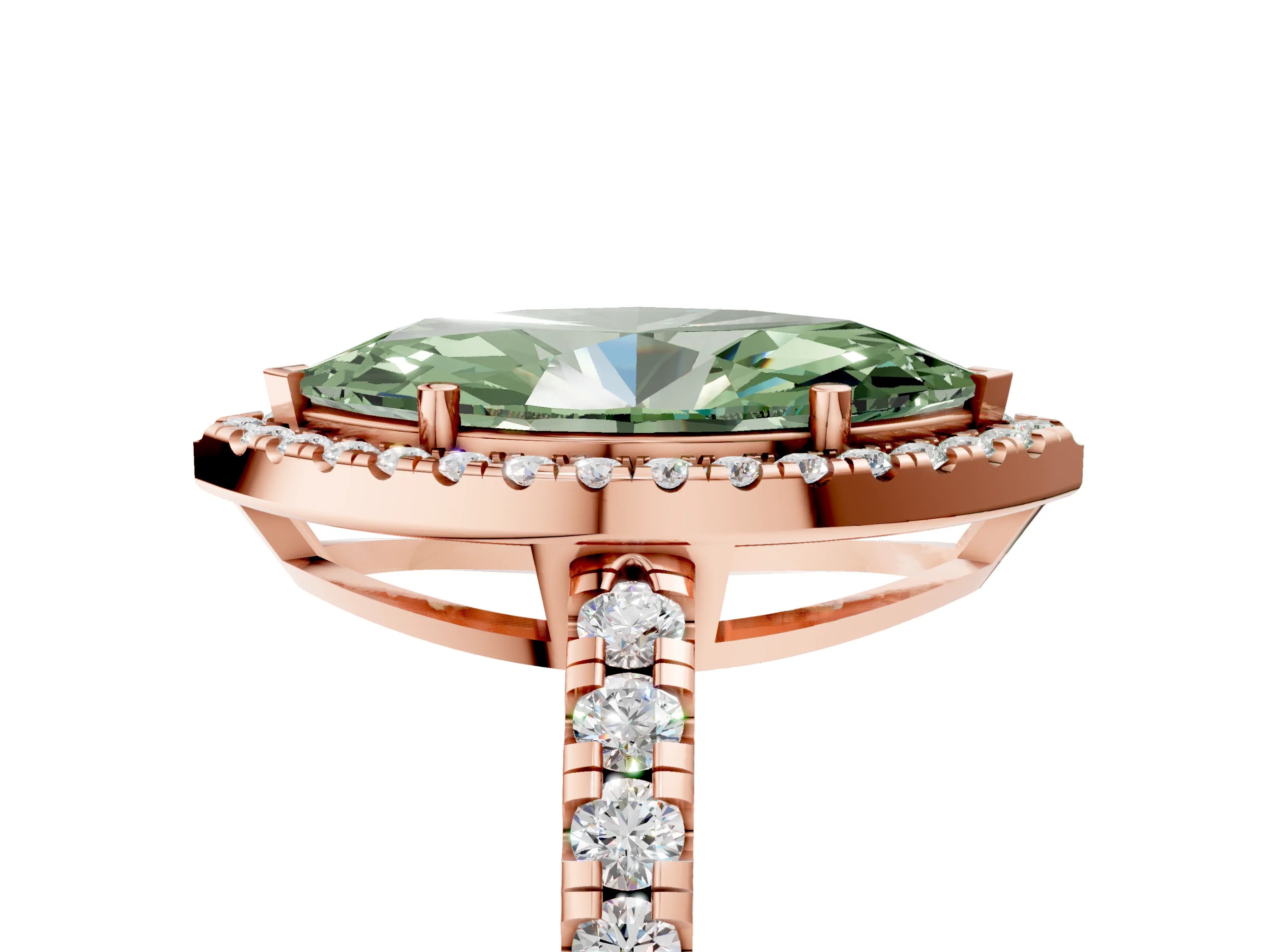 Rose gold Fancy Green Marquise Cut Diamond Halo Ring with Pavé Band and Four-Prong Setting_5