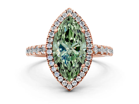 Rose gold Fancy Green Marquise Cut Diamond Halo Ring with Pavé Band and Four-Prong Setting