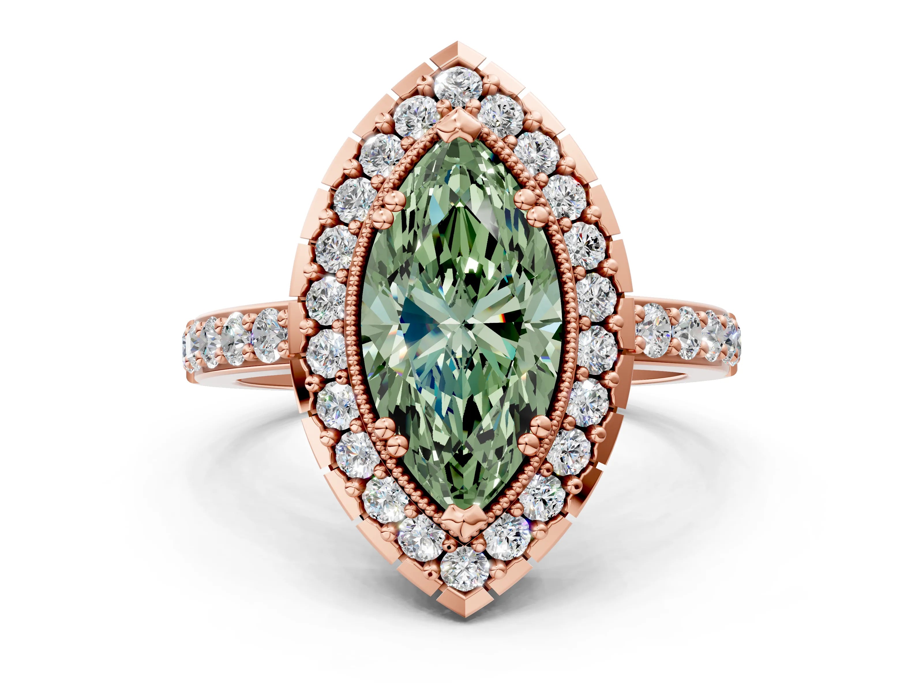 Rose gold Fancy Green Marquise Cut Diamond Halo Ring with Pavé Band and Prong Setting
