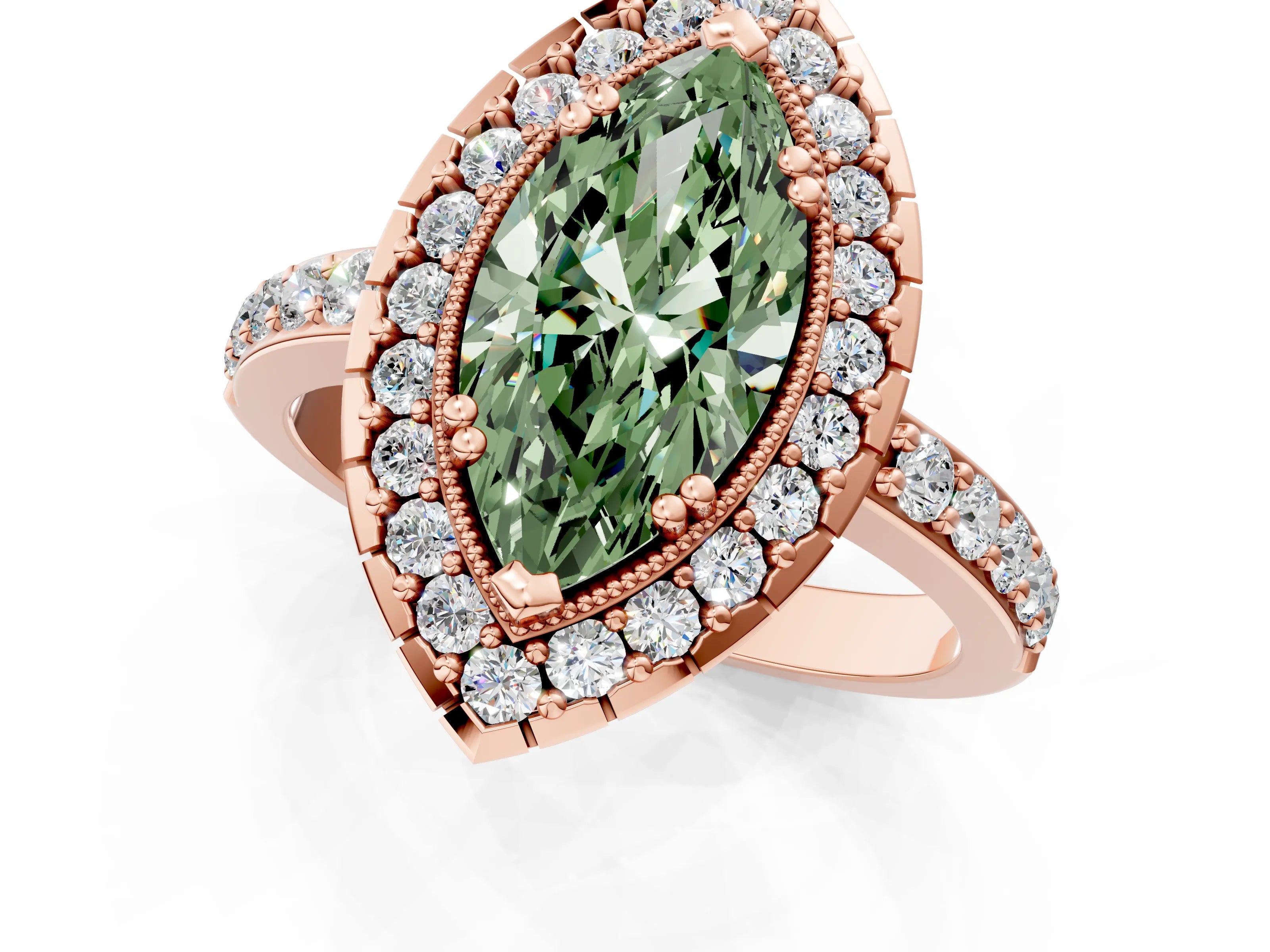 Rose gold Fancy Green Marquise Cut Diamond Halo Ring with Pavé Band and Prong Setting_1