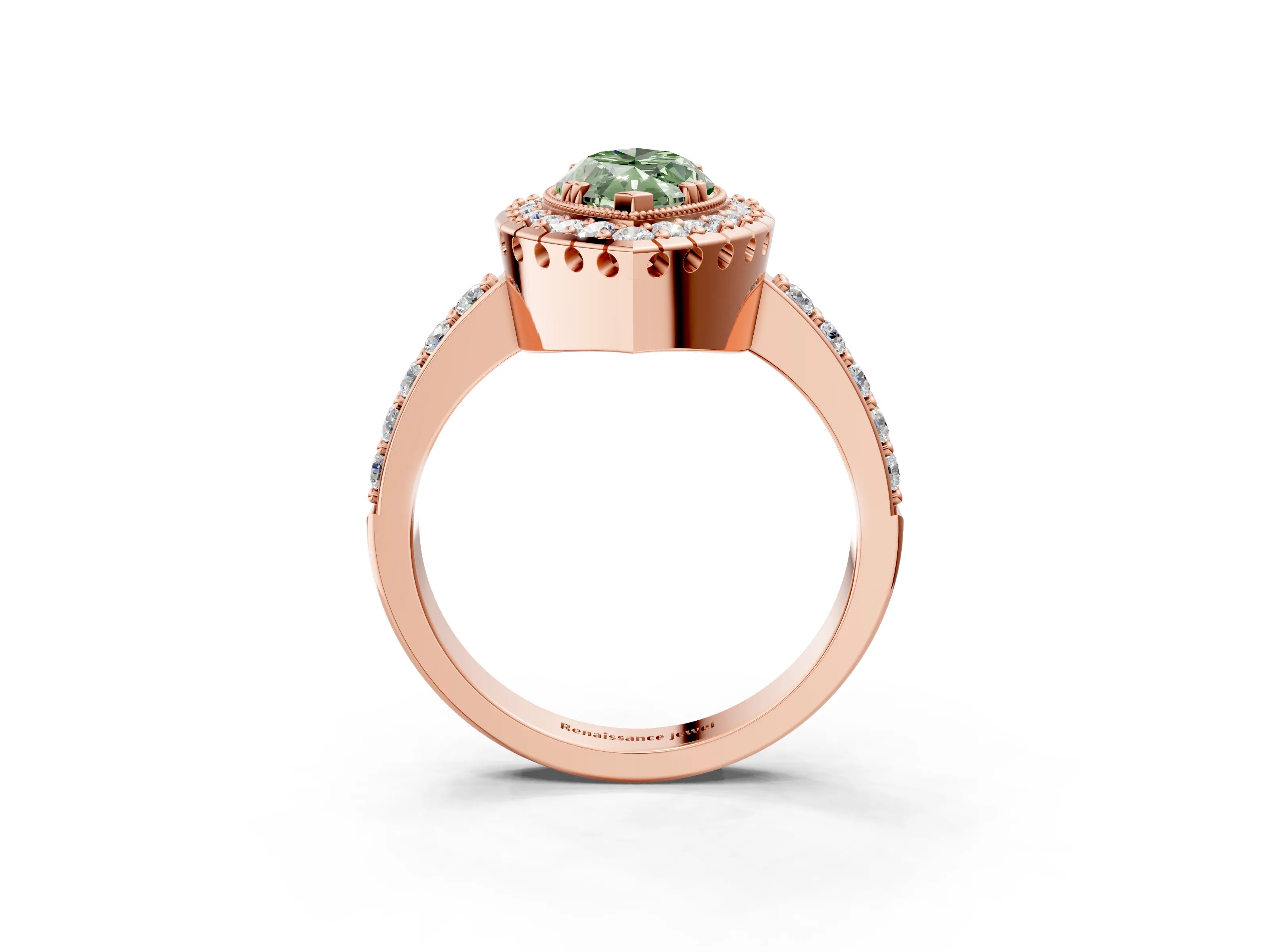 Rose gold Fancy Green Marquise Cut Diamond Halo Ring with Pavé Band and Prong Setting_3