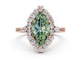 Rose gold Fancy Green Marquise Cut Diamond Halo Ring with Pear Side Stones and Prong Setting_77