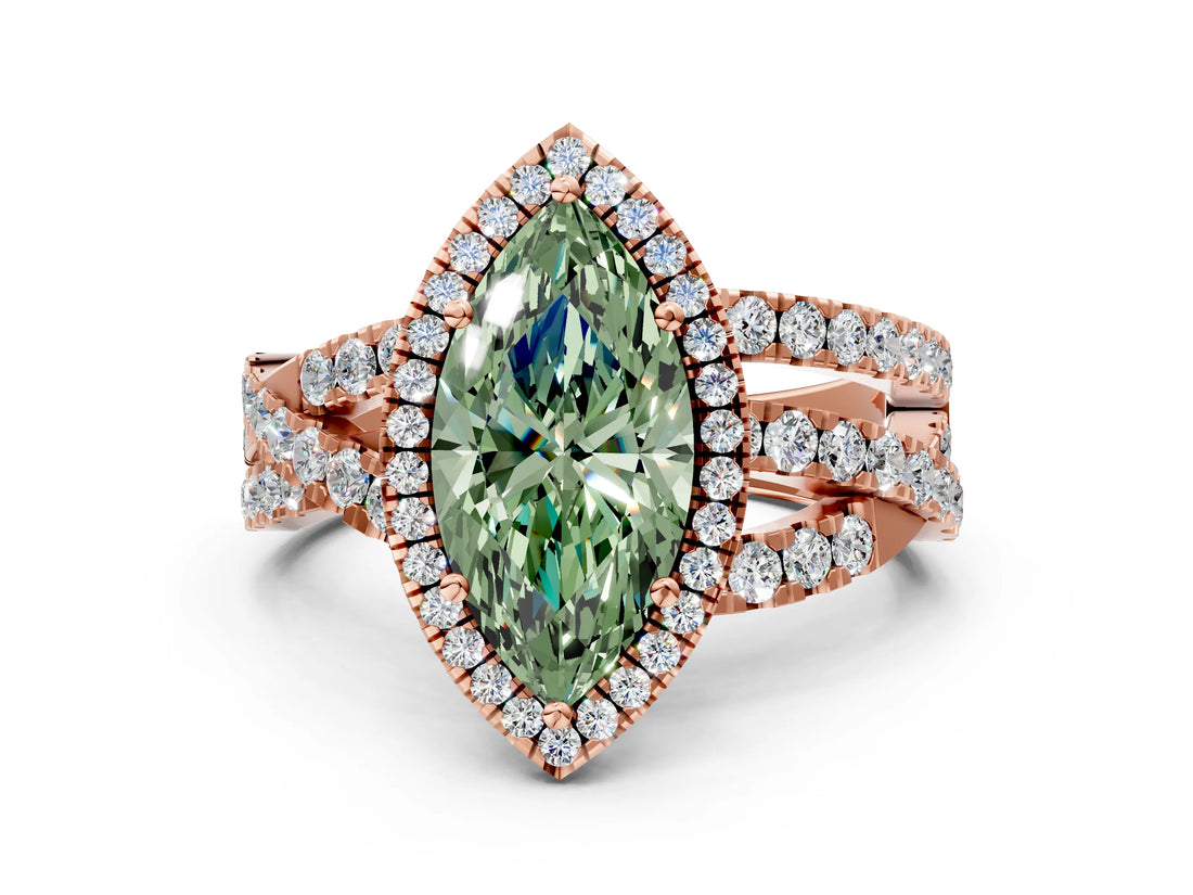 Rose gold Fancy Green Marquise Cut Diamond Halo Ring with Round Split Shank and Prong Setting_36