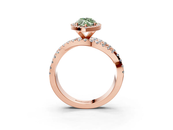 Rose Gold Marquise Halo Engagement Ring Setting for Fancy Green Center with Twisted Pave Split Shank