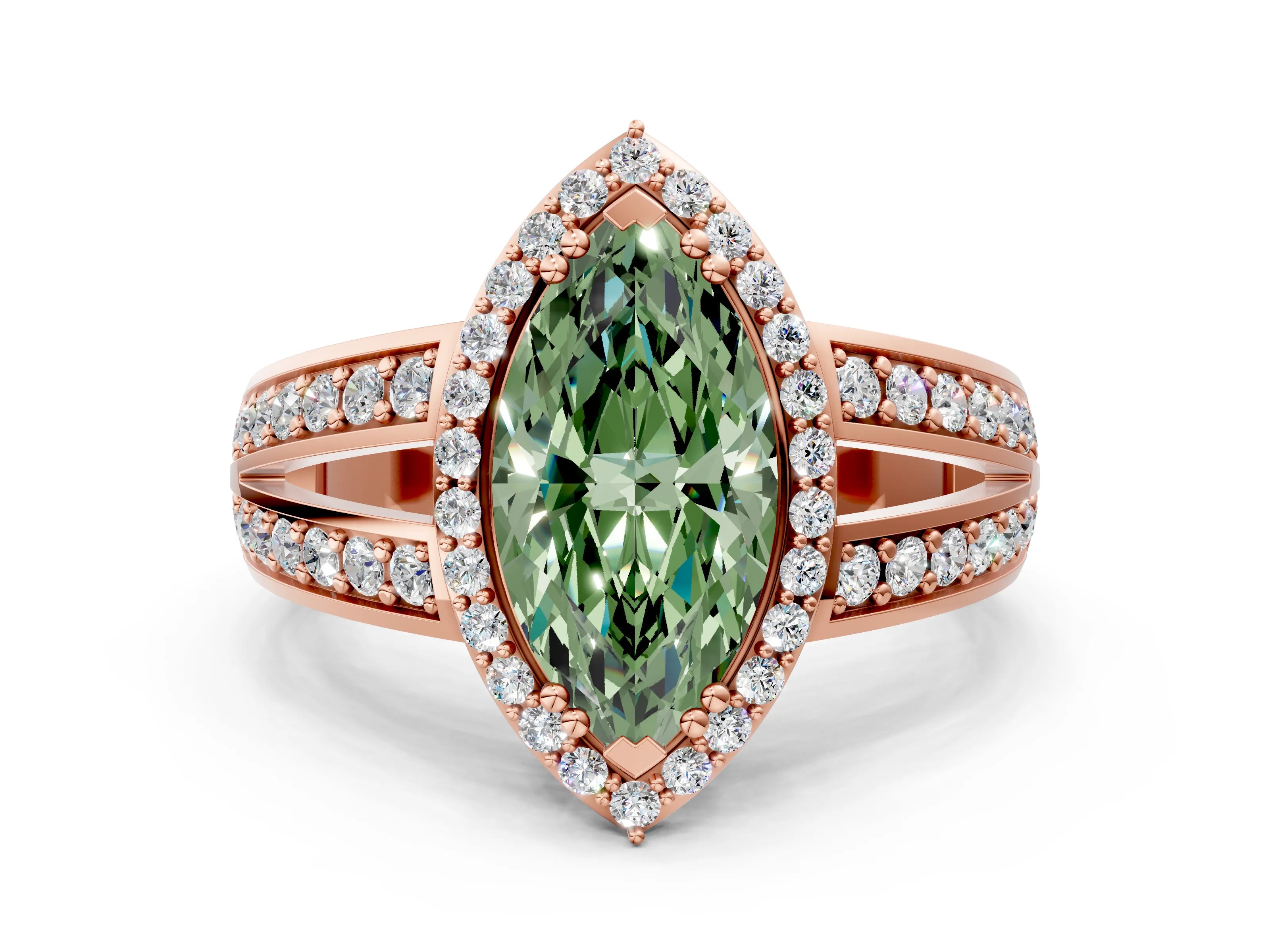 Rose gold Fancy Green Marquise Cut Diamond Halo Ring with Split Shank Pavé Band and Four-Prong Setting