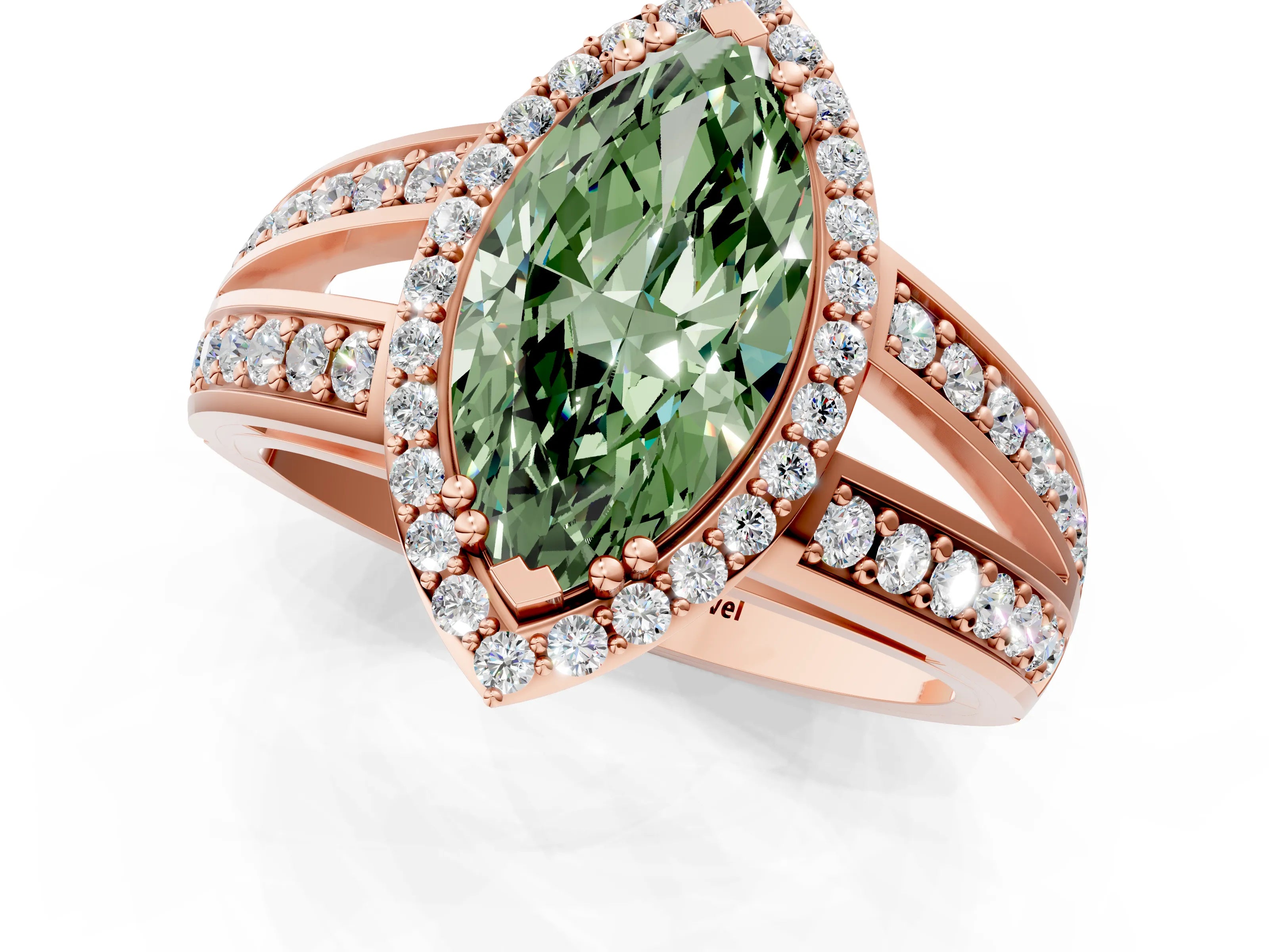 Rose gold Fancy Green Marquise Cut Diamond Halo Ring with Split Shank Pavé Band and Four-Prong Setting_1
