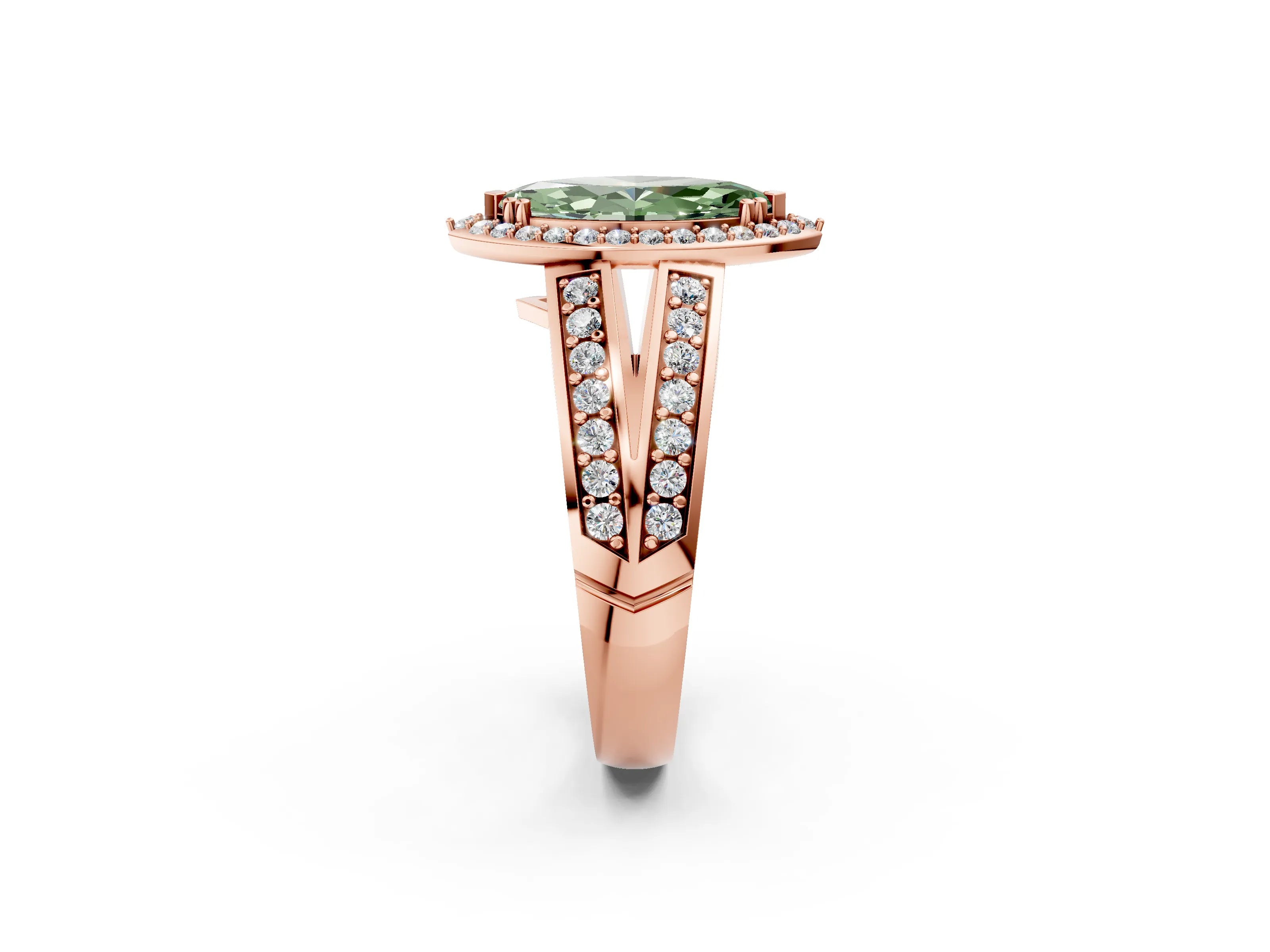 Rose gold Fancy Green Marquise Cut Diamond Halo Ring with Split Shank Pavé Band and Four-Prong Setting_2