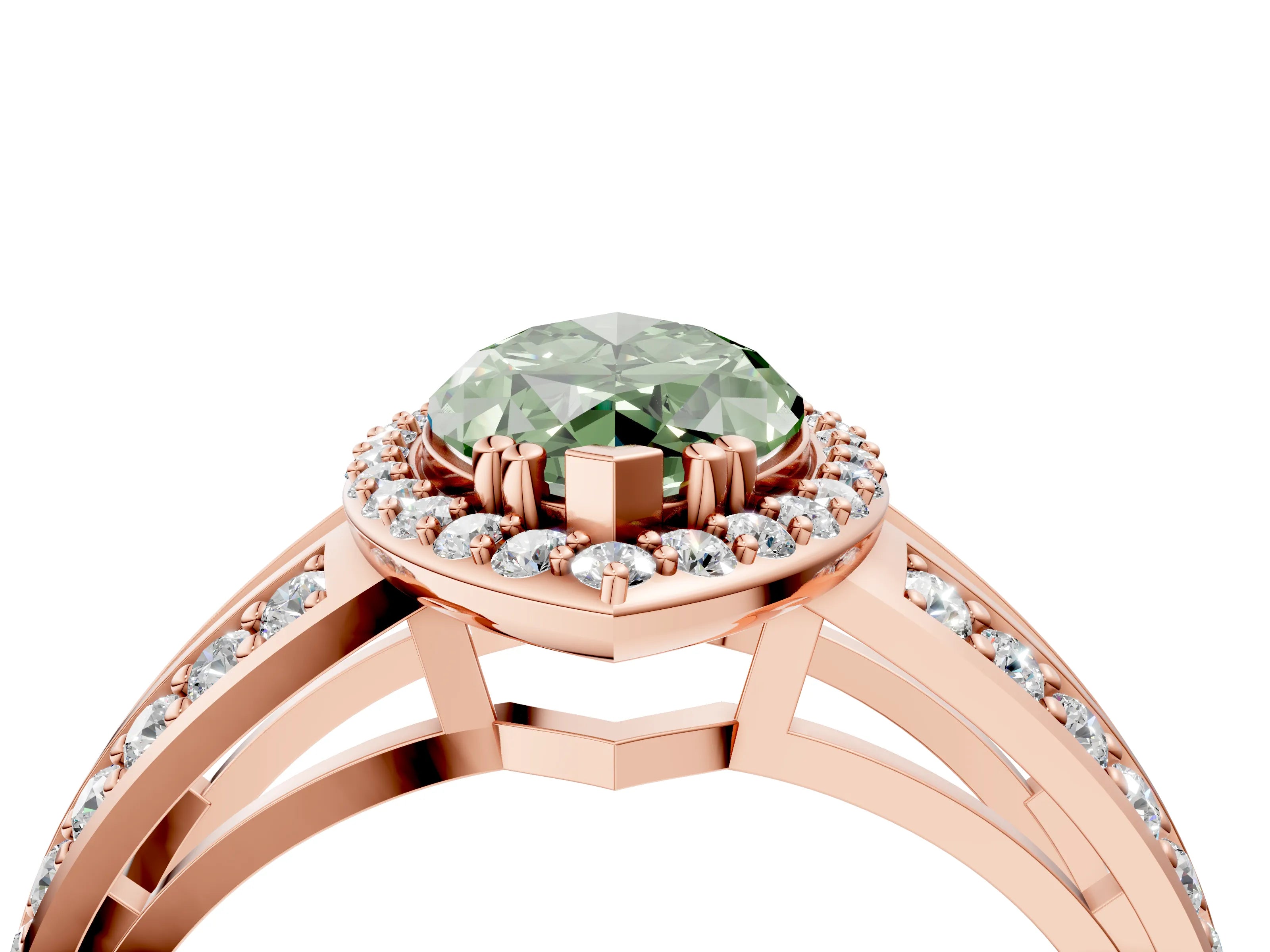 Rose gold Fancy Green Marquise Cut Diamond Halo Ring with Split Shank Pavé Band and Four-Prong Setting_4