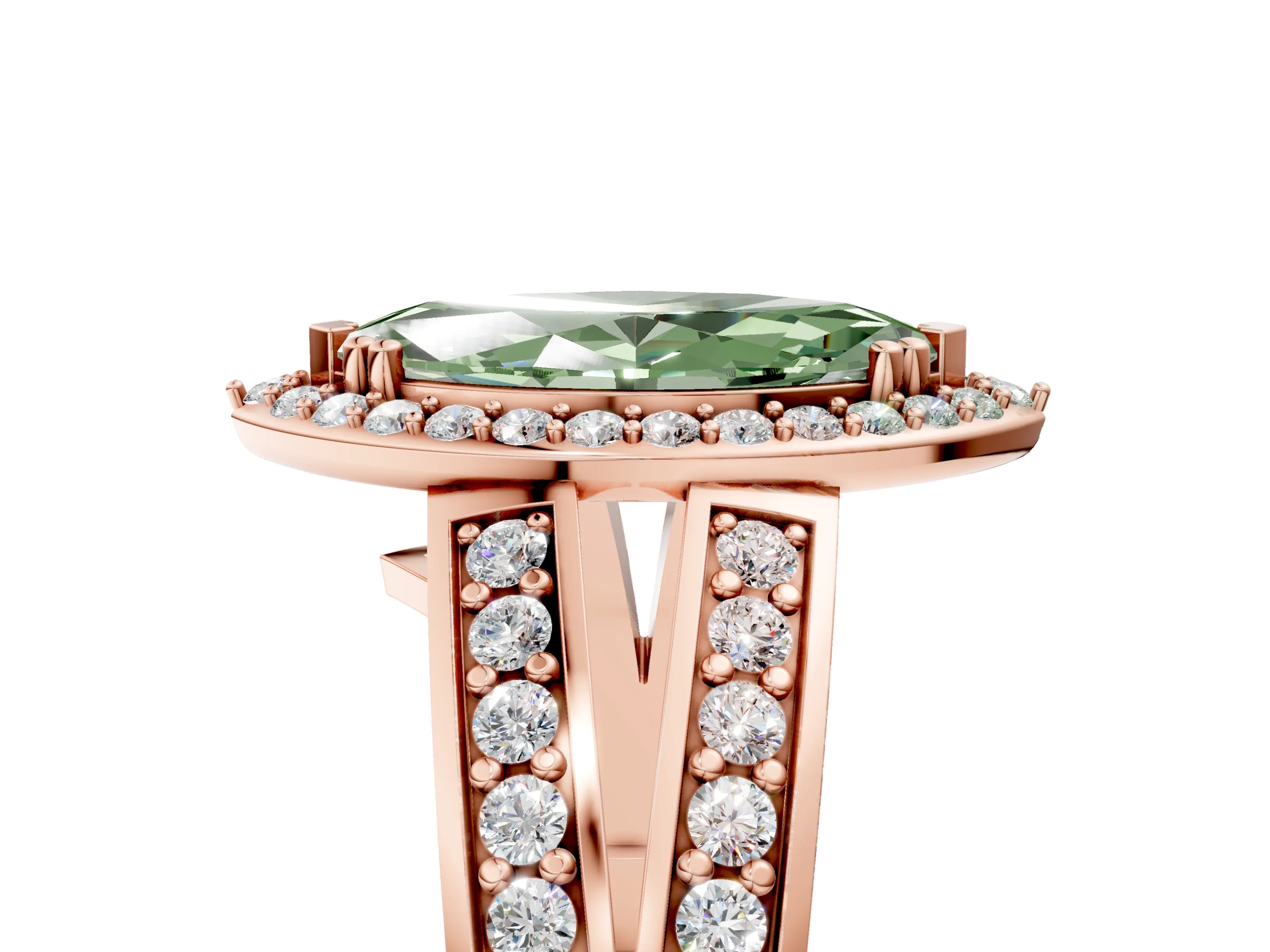 Rose gold Fancy Green Marquise Cut Diamond Halo Ring with Split Shank Pavé Band and Four-Prong Setting_5