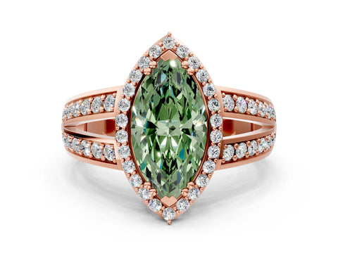 Rose gold Fancy Green Marquise Cut Diamond Halo Ring with Split Shank Pavé Band and Four-Prong Setting