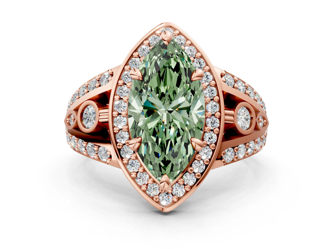 Rose gold Fancy Green Marquise Cut Diamond Halo Ring with Split Shank and Bezel Accents and Four-Prong Setting
