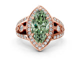Rose gold Fancy Green Marquise Cut Diamond Halo Ring with Split Shank and Bezel Accents and Four-Prong Setting