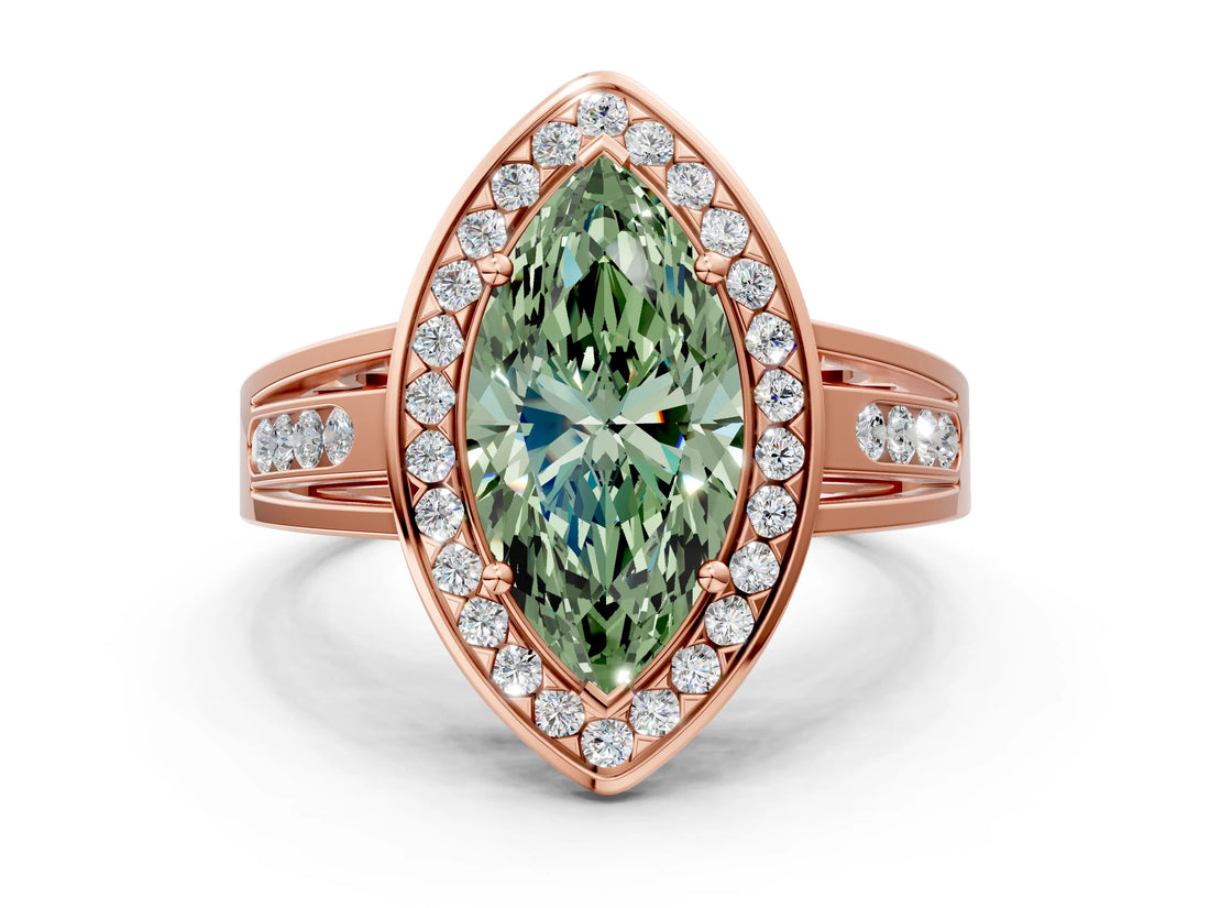 Rose gold Fancy Green Marquise Cut Diamond Halo Ring with Split Shank and Bezel Accents and Prong Setting