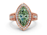 Rose gold Fancy Green Marquise Cut Diamond Halo Ring with Split Shank and Bezel Accents and Prong Setting
