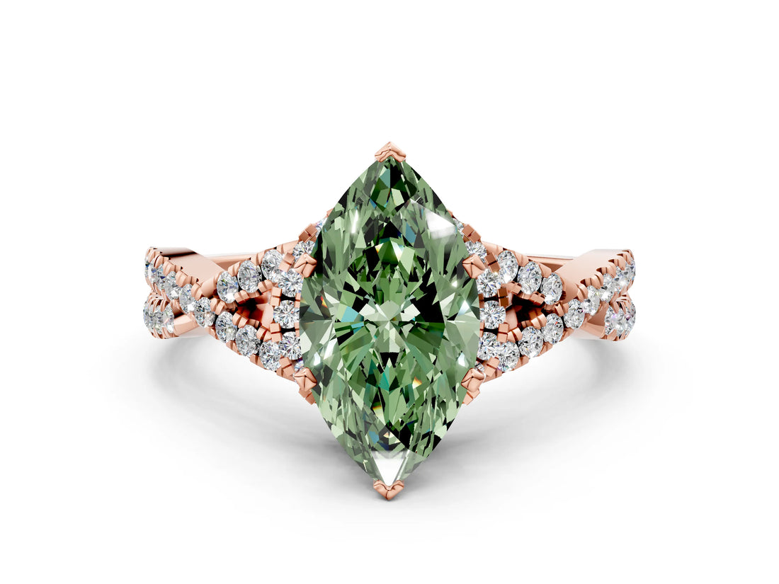Rose gold Fancy Green Marquise Cut Diamond  Halo Twist Band Solitaire Prong Setting Ring_42