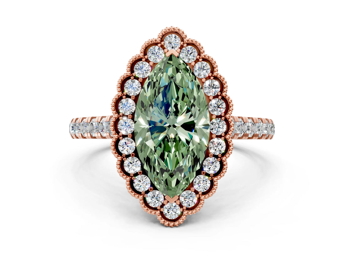 Rose gold Fancy Green Marquise  Cut Diamond Milgrain Floral Halo Engagement Ring with Pavé Band_15