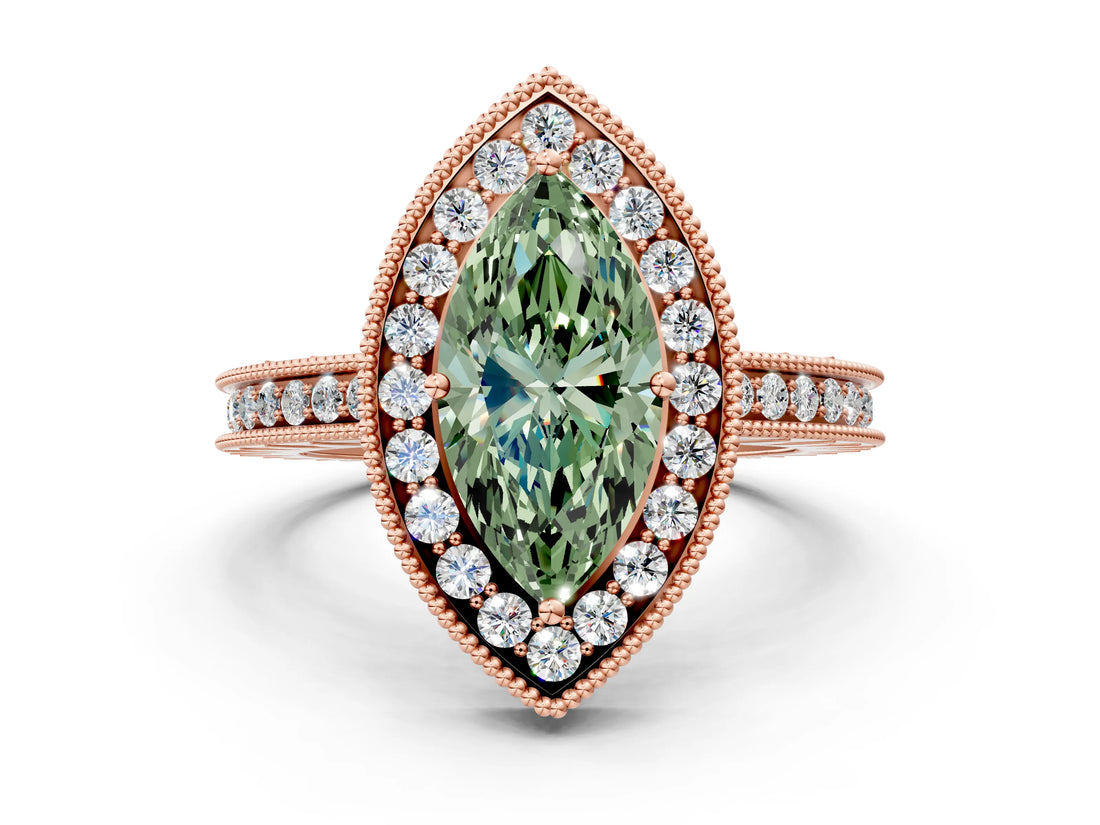 Rose gold Fancy Green Marquise Cut Diamond Milgrain Halo Engagement Ring with Round Pavé Band and Prong Setting_12