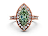 Rose gold Fancy Green Marquise Cut Diamond Milgrain Halo Engagement Ring with Round Pavé Band and Prong Setting_12