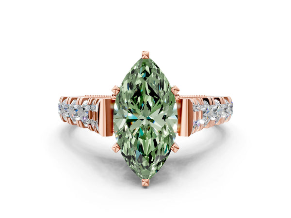 Rose gold Fancy Green Marquise Cut Diamond Classic Solitaire Ring with Pavé Band and Four-Prong Setting