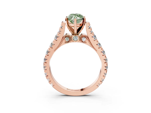 Rose gold Fancy Green Marquise Cut Diamond Classic Solitaire Ring with Pavé Band and Four-Prong Setting