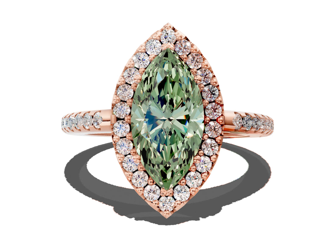 Rose gold Fancy Green Marquise Cut Diamond Pavé Halo Ring with Four-Prong Setting_36