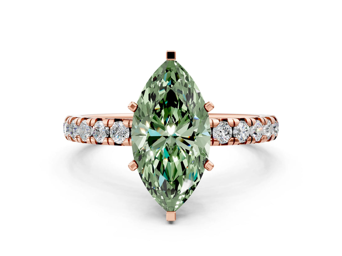 Rose gold Fancy Green Marquise Cut Diamond Pavé Solitaire Ring with Round Band and Prong Setting_12