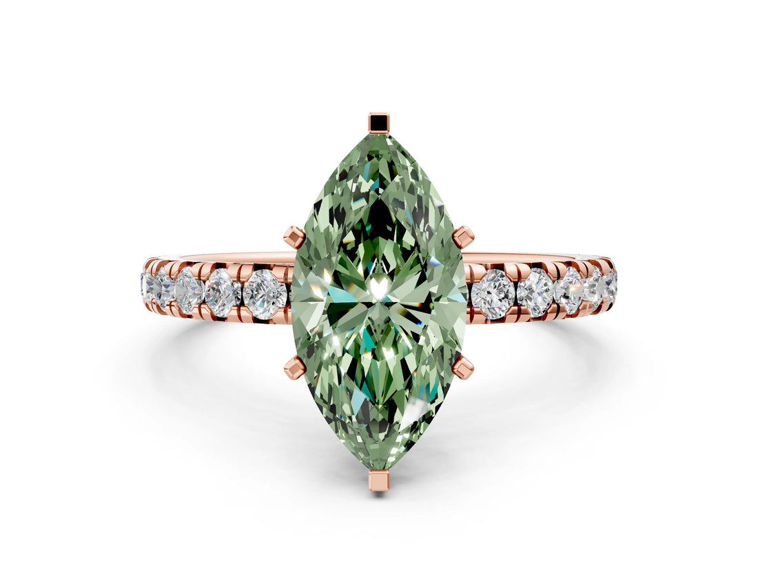 Rose gold Fancy Green Marquise Cut Diamond Pavé Solitaire Ring with Round Band and Prong Setting_24