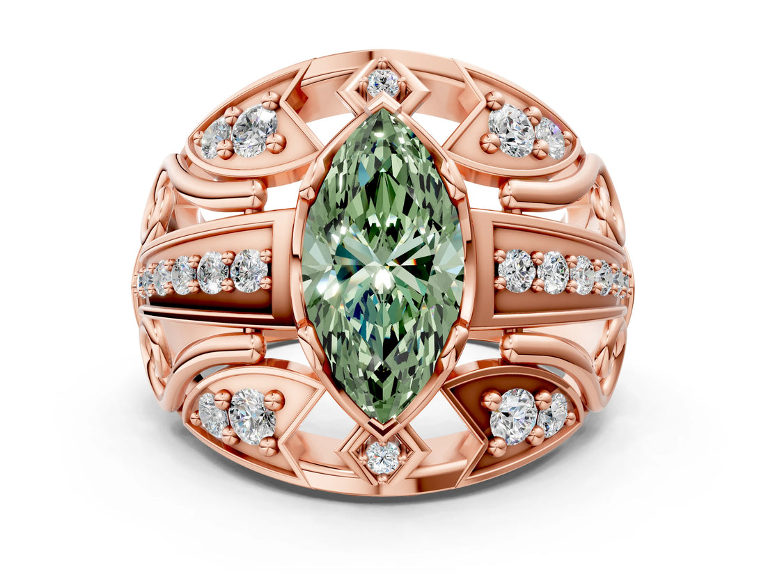 Rose gold Fancy Green Marquise Cut Diamond Pave Art Deco Split Shank Ring with Four-Prong Setting