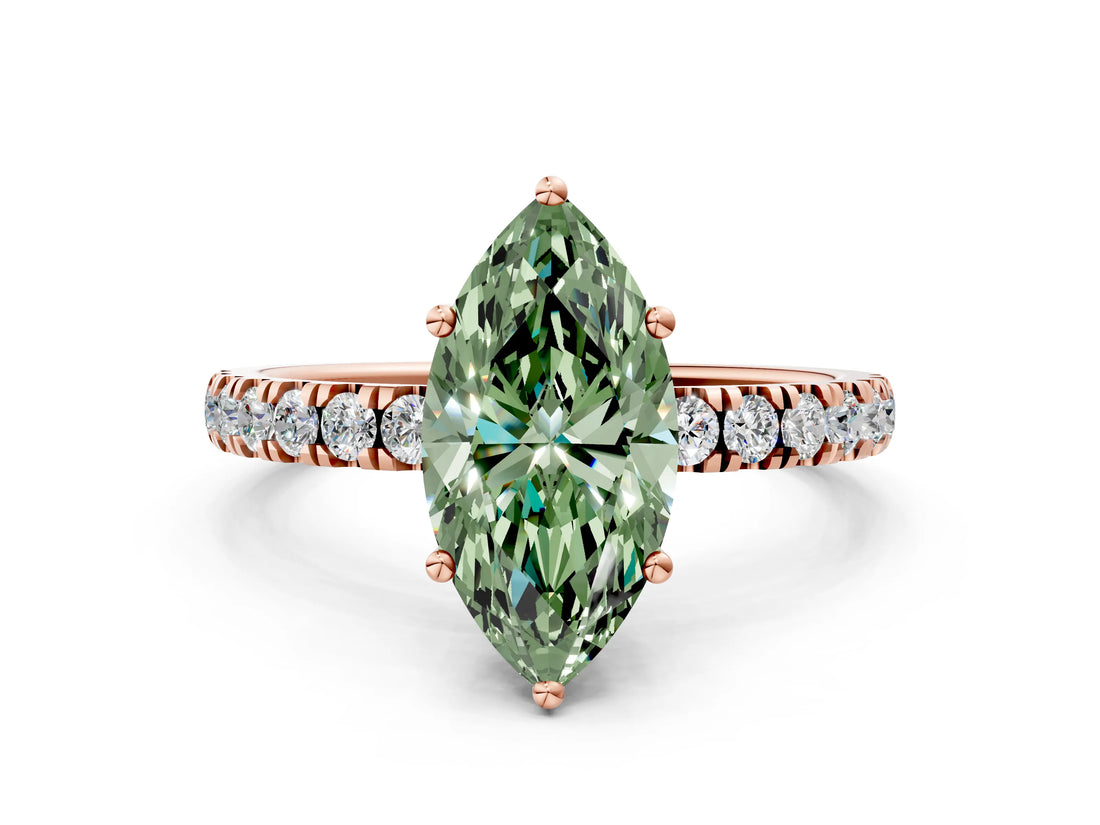 Rose gold Fancy Green Marquise Cut Diamond Pave Band Solitaire Ring with Four-Prong Setting_58
