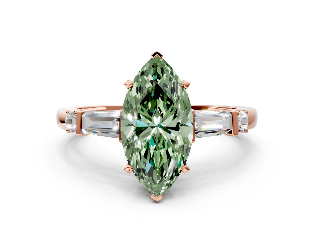 Rose gold Fancy Green Marquise  Cut Diamond Ring with Baguette Side Stones, Channel Set Band, and Four-Prong Setting_20