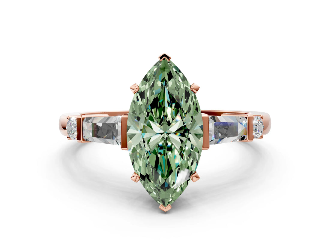 Rose gold Fancy Green Marquise  Cut Diamond Ring with Baguette Side Stones, Channel Set Band, and Four-Prong Setting_24
