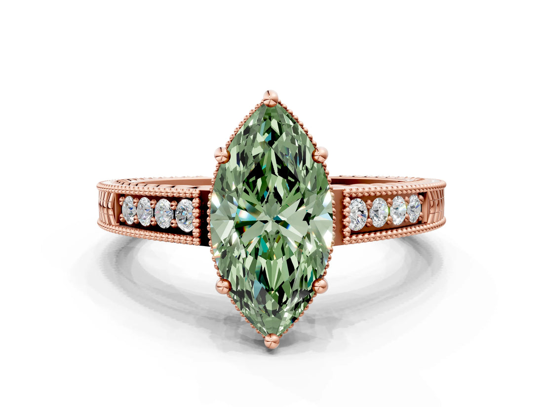 Rose gold Fancy Green Marquise Cut Diamond Ring with Milgrain Pavé Band and Four-Prong Setting_20