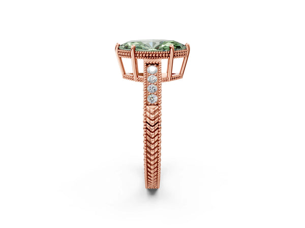 Rose gold Fancy Green Marquise Cut Diamond Ring with Milgrain Pavé Band and Four-Prong Setting
