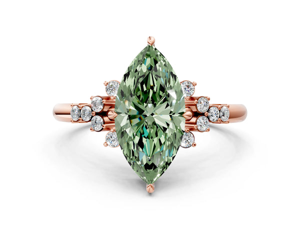 Rose gold Fancy Green Marquise Cut Diamond Ring with Side Stones and Four-Prong Setting
