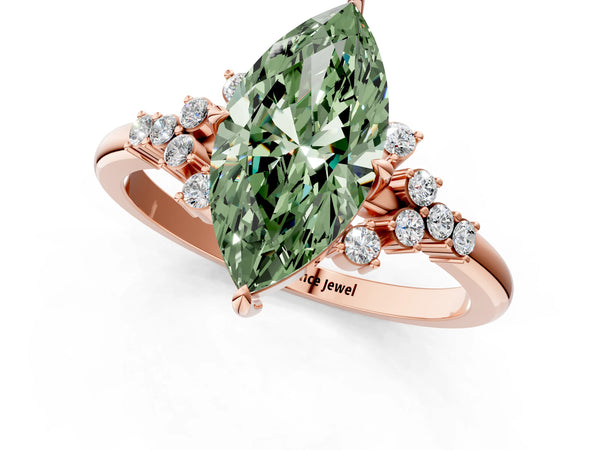 Rose gold Fancy Green Marquise Cut Diamond Ring with Side Stones and Four-Prong Setting
