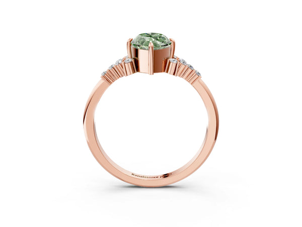 Rose gold Fancy Green Marquise Cut Diamond Ring with Side Stones and Four-Prong Setting