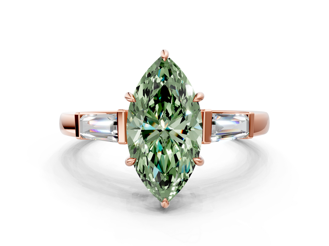 Rose gold Fancy Green Marquise  Cut Diamond Ring with Tapered Baguette Side Stones in Four-Prong Setting_3