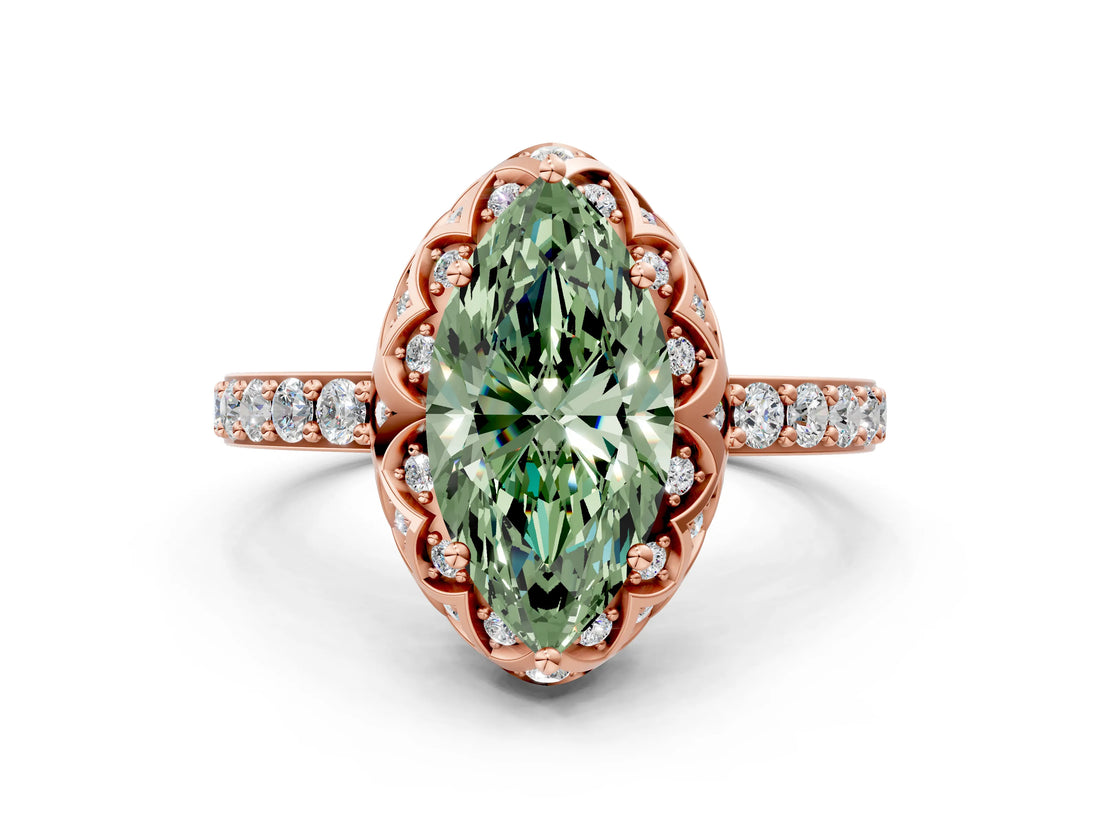 Rose gold Fancy Green Marquise Cut Diamond Scalloped Halo Engagement Ring with Round Shared Prong Band_12