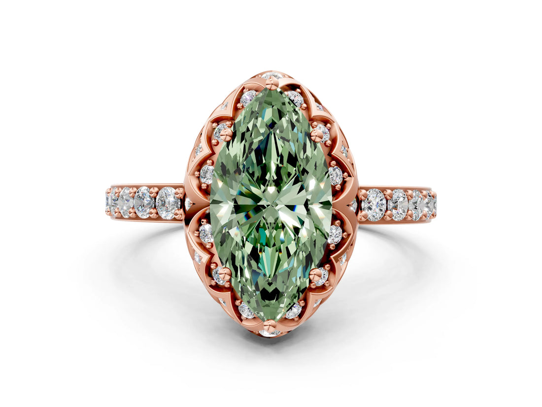 Rose gold Fancy Green Marquise Cut Diamond Scalloped Halo Engagement Ring with Round Shared Prong Band_24