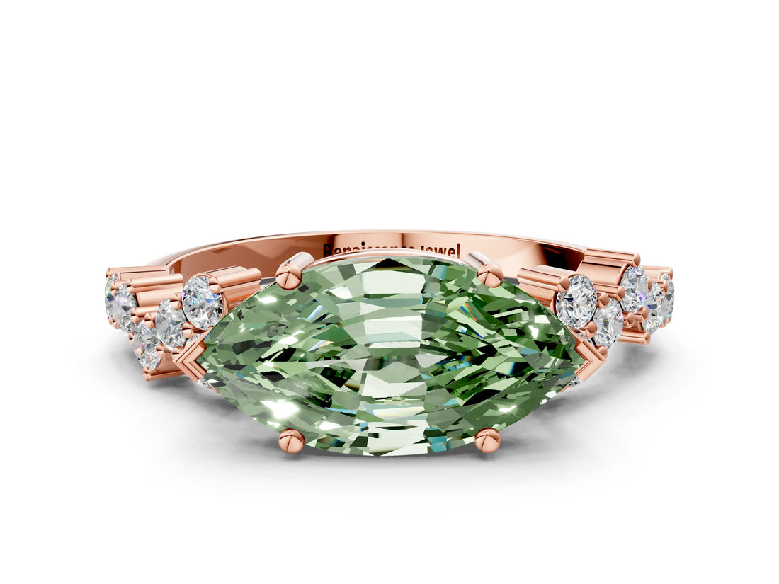 Rose gold Fancy Green Marquise Cut Diamond Scattered Round Accent Ring with Prong Setting_12