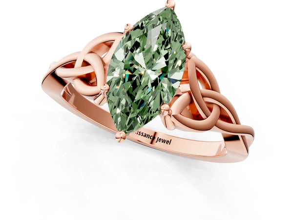 Rose gold Fancy Green Marquise Cut Diamond Solitaire Celtic Knot Ring with Four-Prong Setting