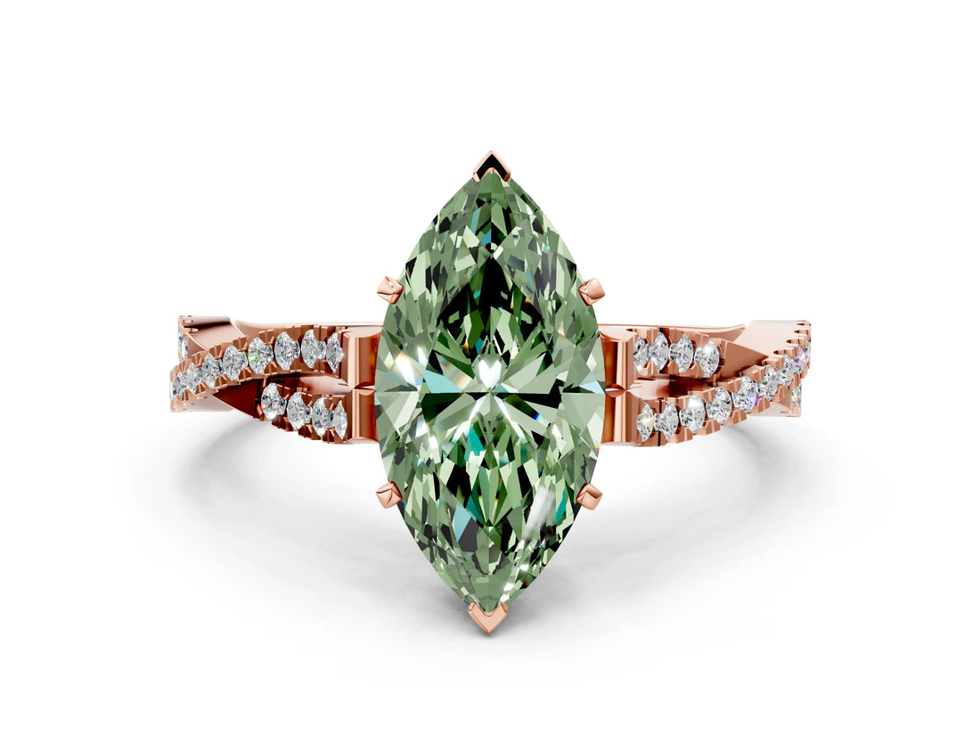 Rose gold Fancy Green Marquise Cut Diamond Solitaire Engagement Ring with Twisted Pavé Band and Four-Prong Setting_44