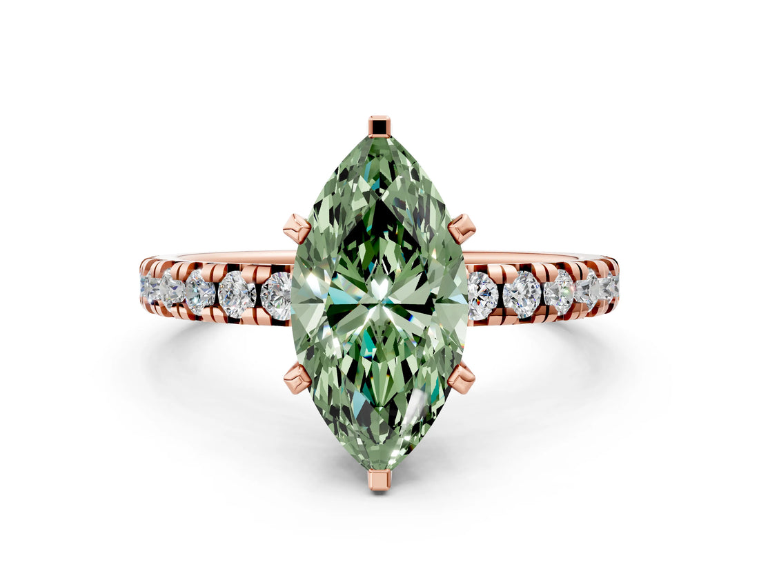 Rose gold Fancy Green Marquise Cut Diamond Solitaire Pavé Engagement Ring with Round Band and Prong Setting_38